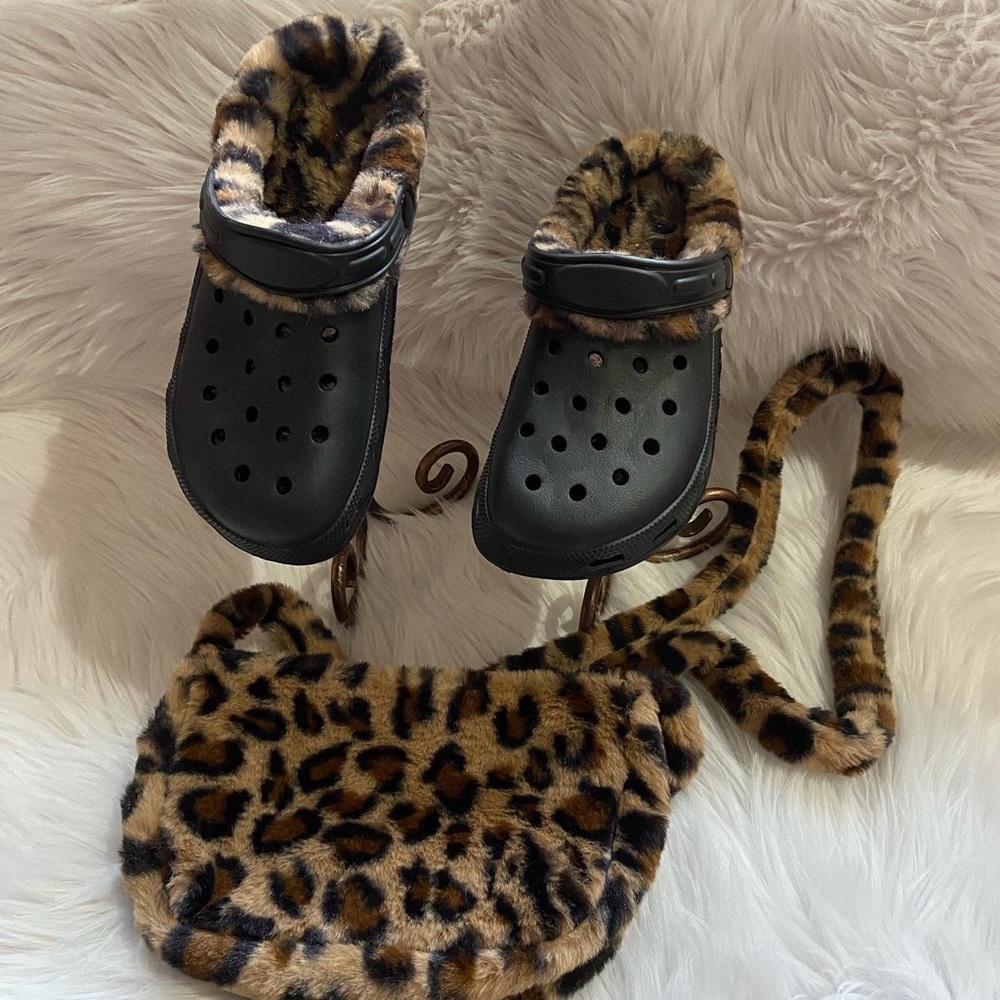 Leopard Fur Lined Clogs & Matching Crossbody Bag